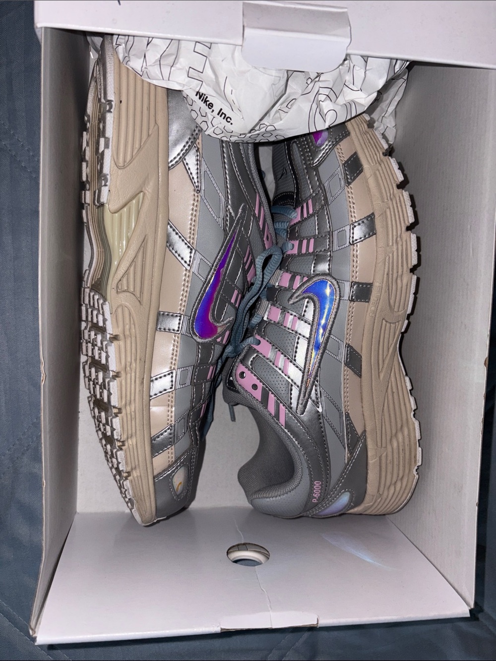 Nike Women's Tan & Gray Sneakers with Holographic Purple-Blue Swoosh